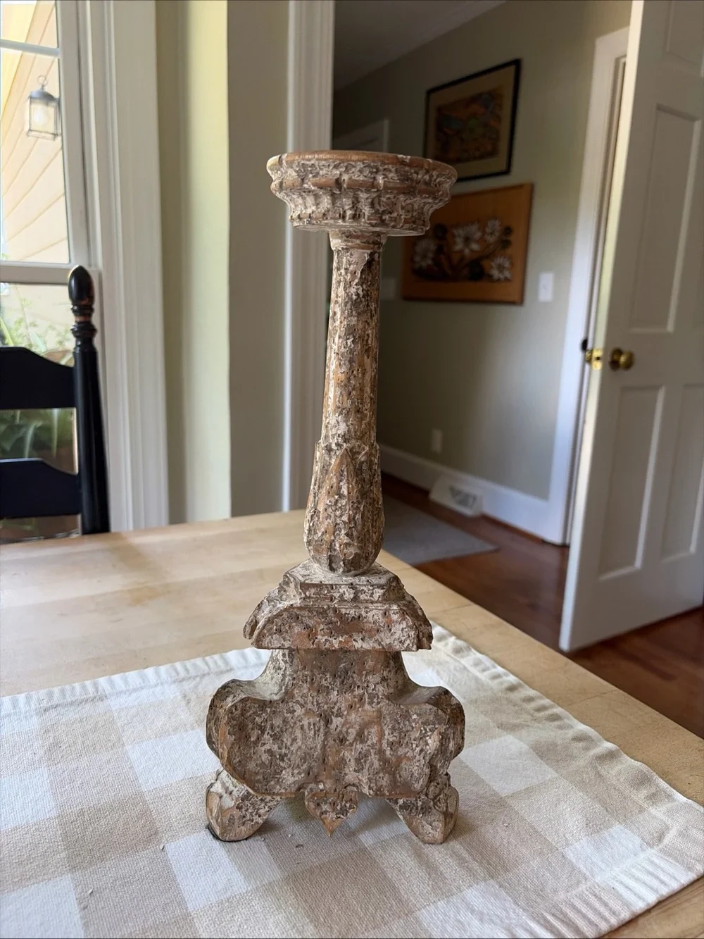 Antique Baroque Hand Carved Whitewashed Wooden Candlestick